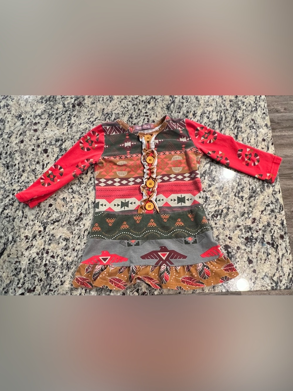 Jelly the Pug 2T Tribal Dress Girls' Print Dress Ruffle Hem 🪶